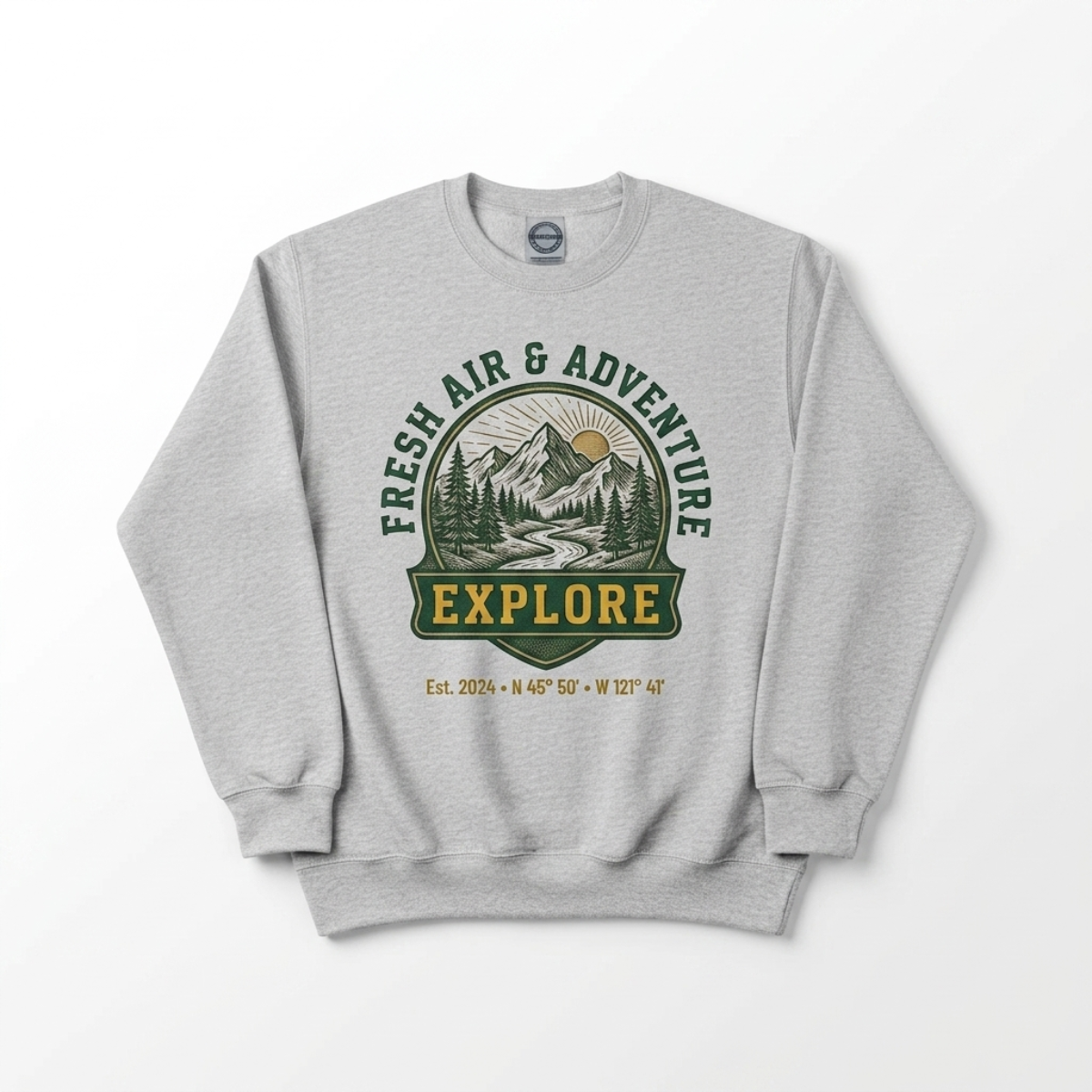 Custom Heather Grey Fresh Air & Adventure Crewneck Sweatshirt